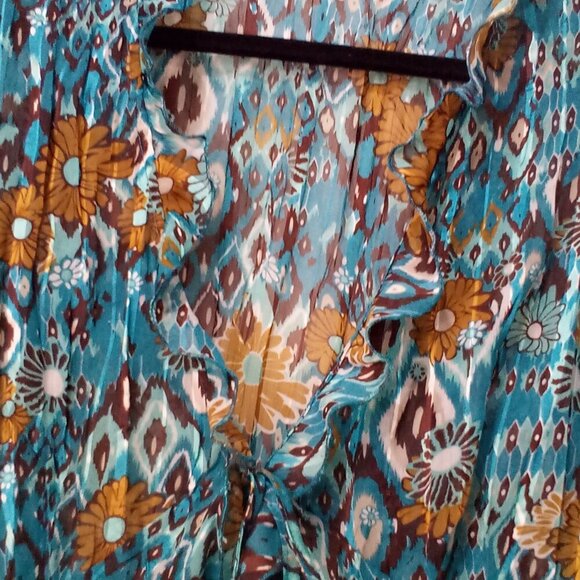 Kim Rogers Blouse Women L 3/4 Sleeve Simi Sheer Ruffle Open Tie Front Teal Brown - Picture 9 of 16